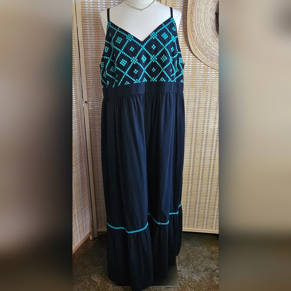 Black Cotton Maxi Dress with Green Geometric Embroidery, Ruffled Hem, Size 3X
